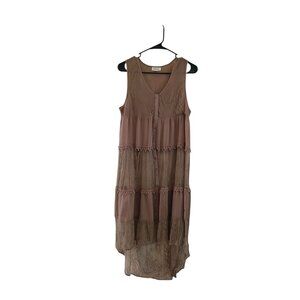 Taylor & Sage Womens L Long Lace Button Front Tank Top Dress  Brown Sheer Hi Low